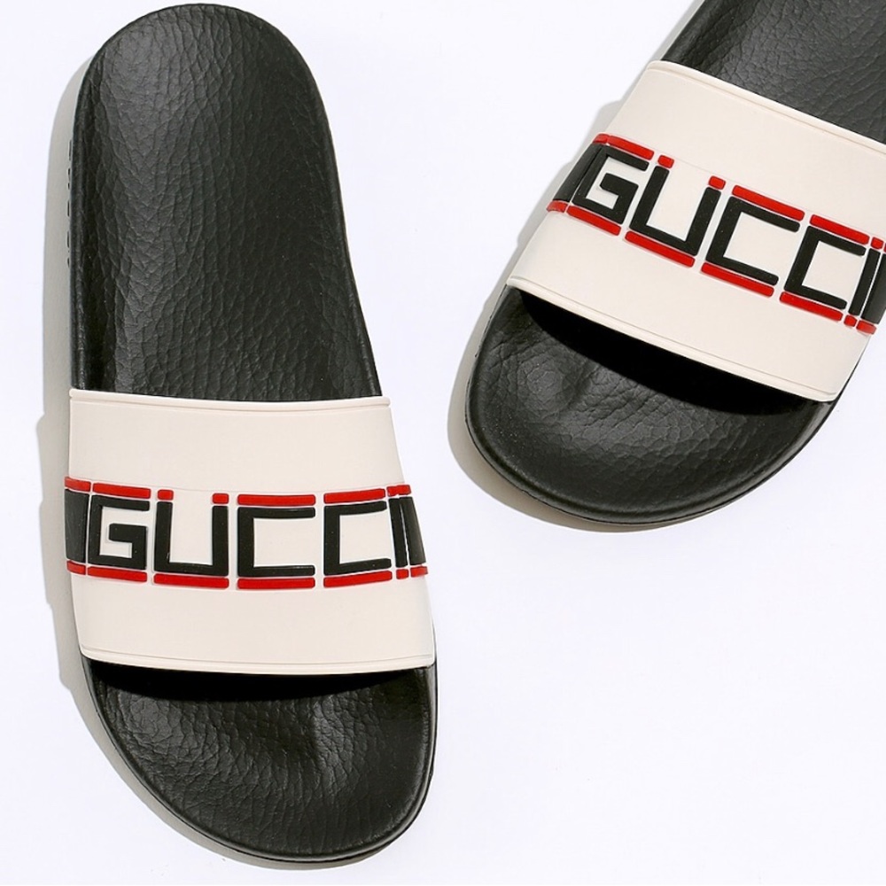 New Gucci Pursuit Slides Rubber Slippers Sandals Logo Black White Red Women 38 8
